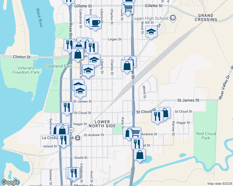 map of restaurants, bars, coffee shops, grocery stores, and more near 925 Kane Street in La Crosse