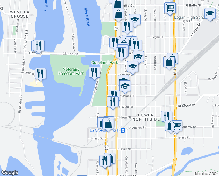 map of restaurants, bars, coffee shops, grocery stores, and more near 912 Copeland Avenue in La Crosse