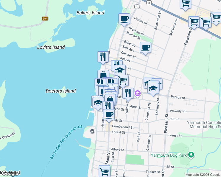 map of restaurants, bars, coffee shops, grocery stores, and more near 390 Main Street in Yarmouth