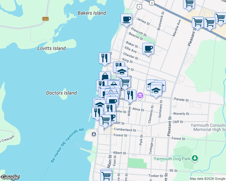 map of restaurants, bars, coffee shops, grocery stores, and more near 390 Main Street in Yarmouth