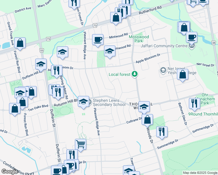 map of restaurants, bars, coffee shops, grocery stores, and more near 18 Pepperberry Road in Vaughan