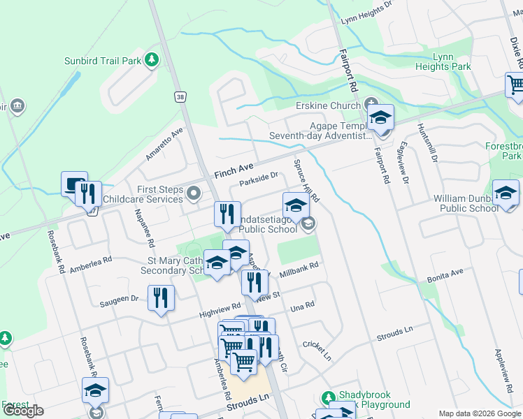 map of restaurants, bars, coffee shops, grocery stores, and more near 772 Pebble Court in Pickering