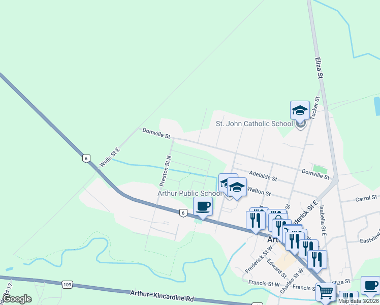 map of restaurants, bars, coffee shops, grocery stores, and more near 465 Adelaide Street in Arthur