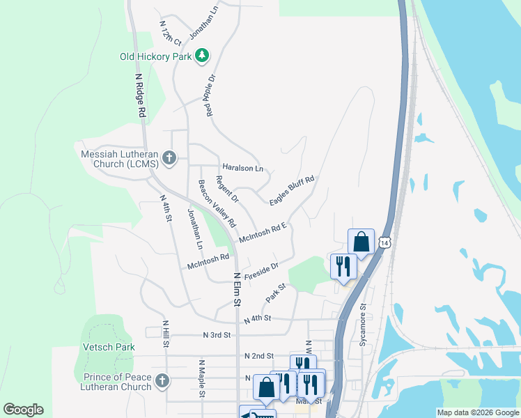 map of restaurants, bars, coffee shops, grocery stores, and more near 199 Eagles Bluff Road in La Crescent