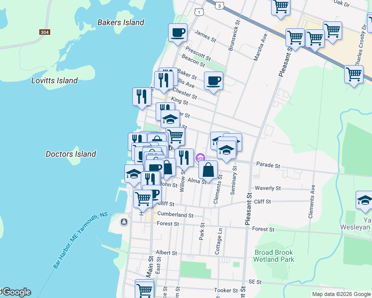 map of restaurants, bars, coffee shops, grocery stores, and more near 18 Parade Street in Yarmouth