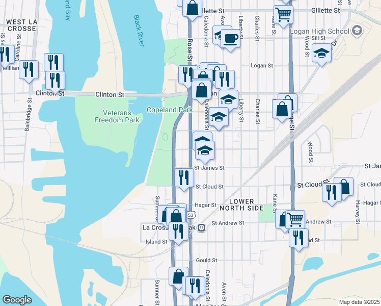 map of restaurants, bars, coffee shops, grocery stores, and more near 929 Rose Street in La Crosse