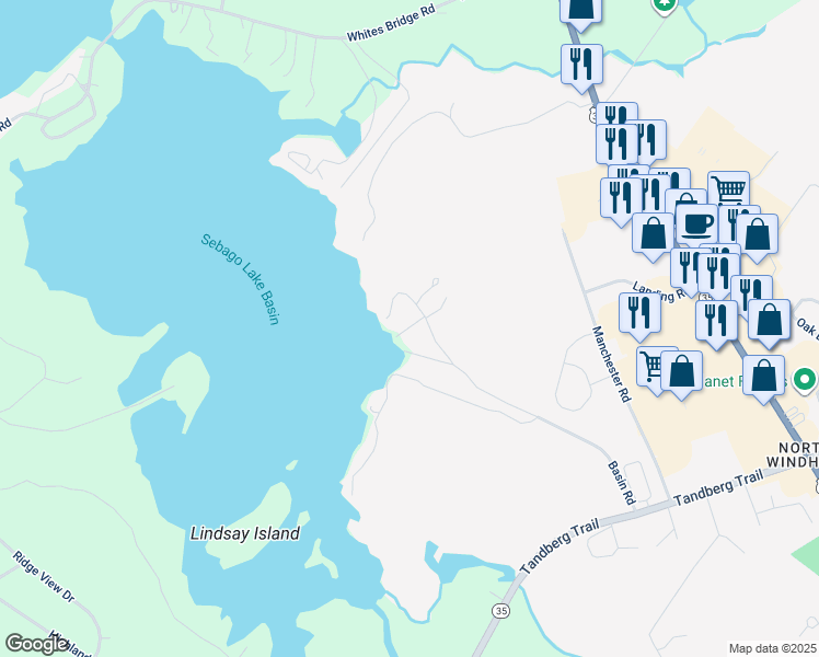 map of restaurants, bars, coffee shops, grocery stores, and more near 5 Upper Basin Road in Windham