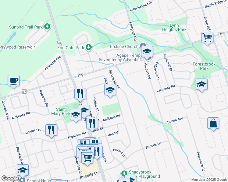 map of restaurants, bars, coffee shops, grocery stores, and more near 1876 Parkside Drive in Pickering