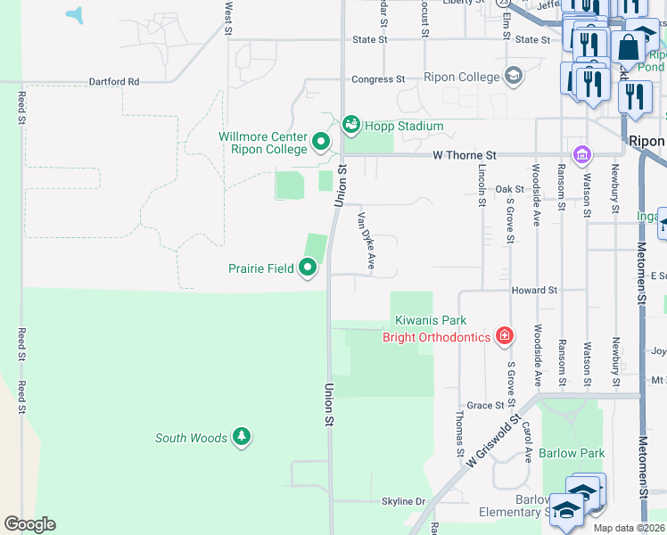 map of restaurants, bars, coffee shops, grocery stores, and more near 799 Hillside Terrace in Ripon
