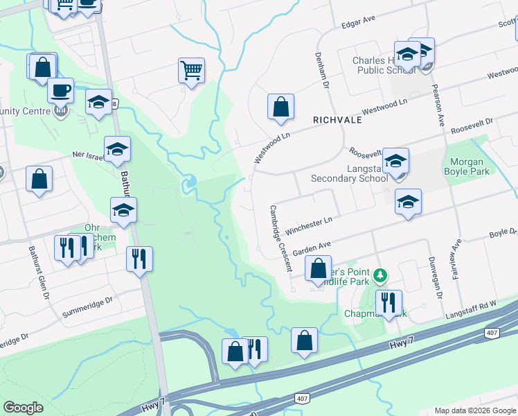map of restaurants, bars, coffee shops, grocery stores, and more near 117 Westwood Lane in Richmond Hill