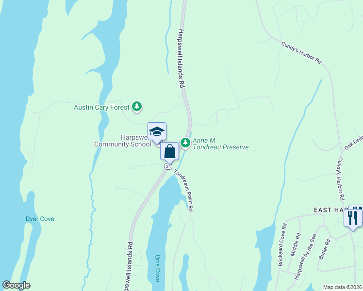 map of restaurants, bars, coffee shops, grocery stores, and more near 308 Harpswell Island Road in Harpswell