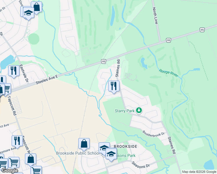 map of restaurants, bars, coffee shops, grocery stores, and more near 17 Turtledove Grove in Toronto