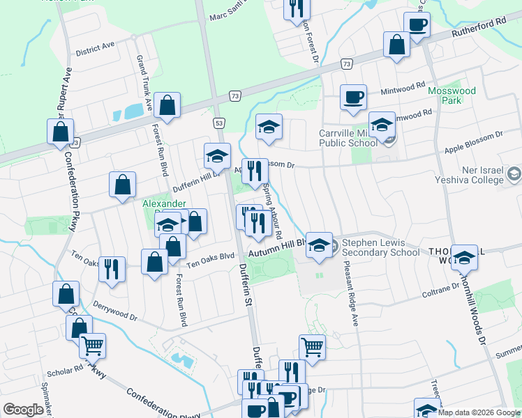 map of restaurants, bars, coffee shops, grocery stores, and more near 63 Landwood Avenue in Vaughan