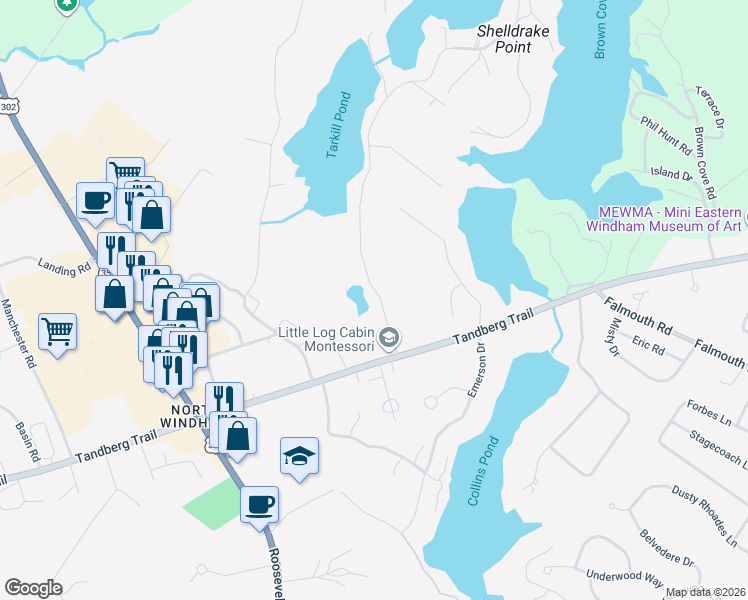 map of restaurants, bars, coffee shops, grocery stores, and more near 14 Sabbady Point Road in Windham