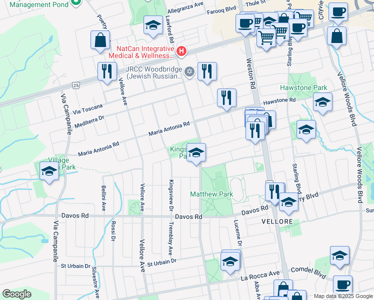 map of restaurants, bars, coffee shops, grocery stores, and more near 450 Fossil Hill Road in Vaughan