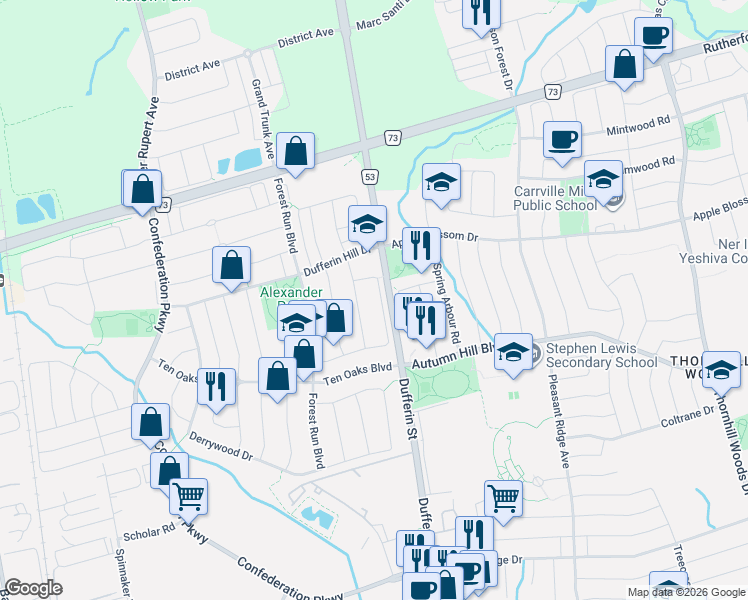map of restaurants, bars, coffee shops, grocery stores, and more near 140 Vanguard Road in Vaughan