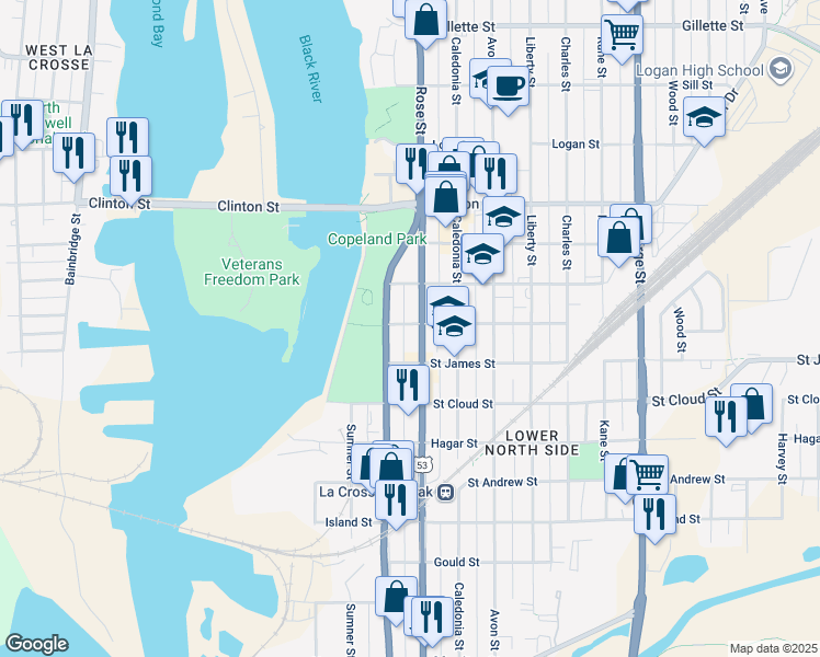 map of restaurants, bars, coffee shops, grocery stores, and more near 933 Rose Street in La Crosse