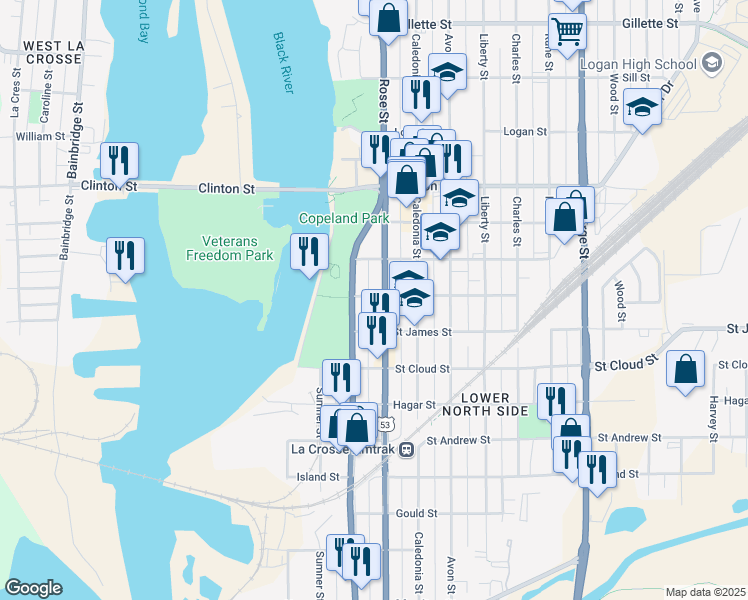 map of restaurants, bars, coffee shops, grocery stores, and more near 933 Rose Street in La Crosse