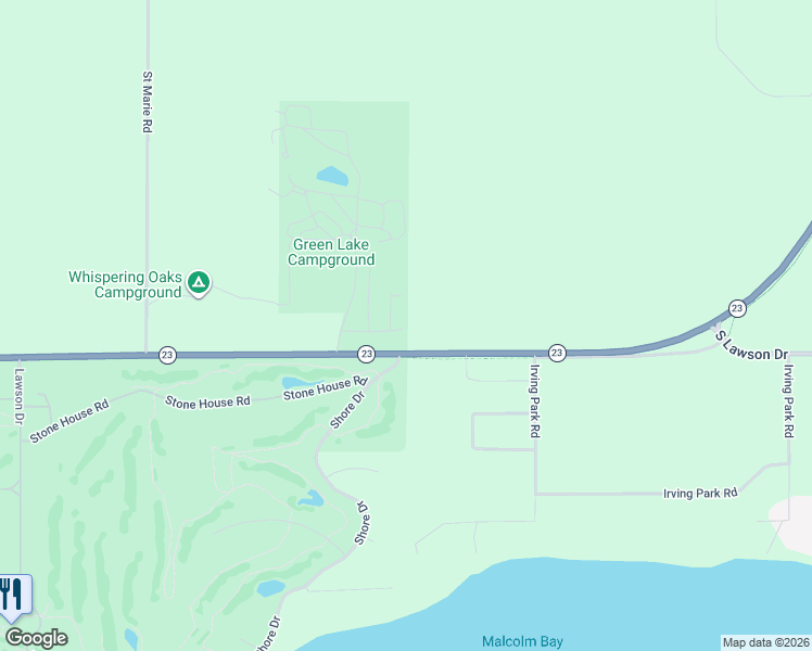 map of restaurants, bars, coffee shops, grocery stores, and more near N5686 Shore Drive in Green Lake