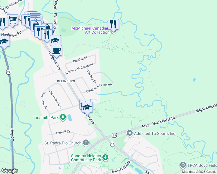 map of restaurants, bars, coffee shops, grocery stores, and more near 111 Camlaren Crescent in Vaughan