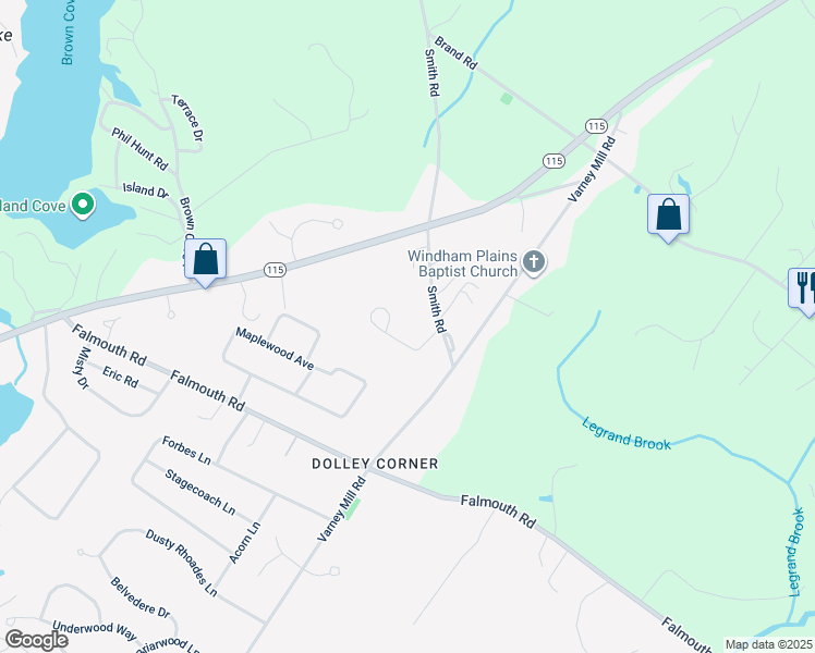 map of restaurants, bars, coffee shops, grocery stores, and more near 1 Baxter Woods Trail in Windham