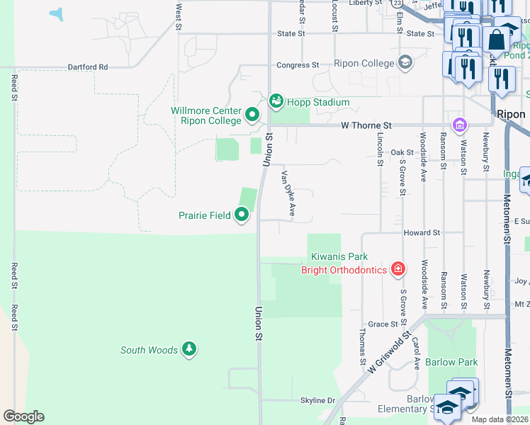 map of restaurants, bars, coffee shops, grocery stores, and more near 799 Hillside Terrace in Ripon