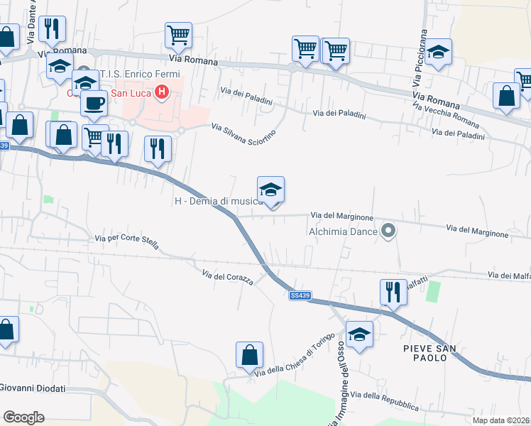 map of restaurants, bars, coffee shops, grocery stores, and more near 5 Via del Marginone in Capannori