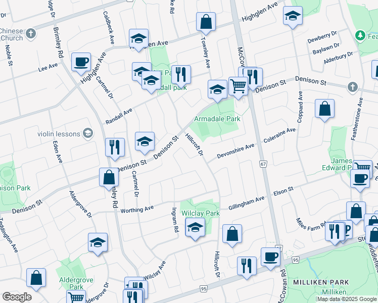 map of restaurants, bars, coffee shops, grocery stores, and more near 28 Jaffray Road in Markham