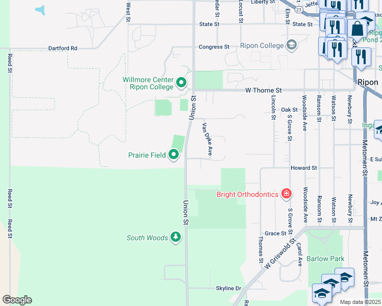 map of restaurants, bars, coffee shops, grocery stores, and more near 799 Hillside Terrace in Ripon