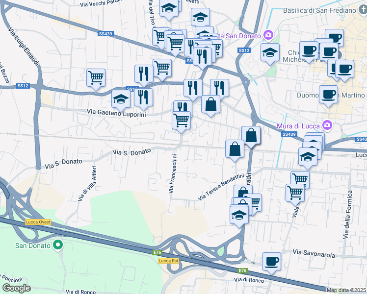 map of restaurants, bars, coffee shops, grocery stores, and more near 28 Via Custer de Nobili Gino in Lucca