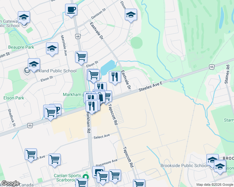 map of restaurants, bars, coffee shops, grocery stores, and more near in Markham