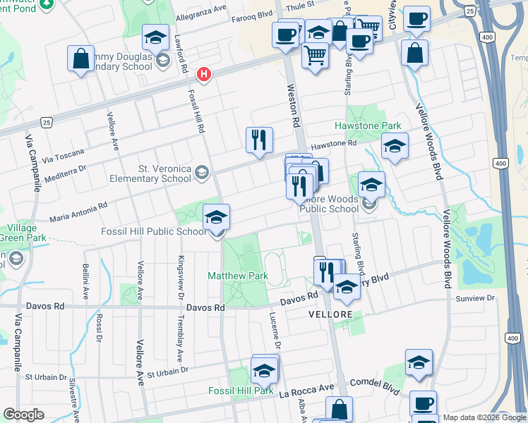 map of restaurants, bars, coffee shops, grocery stores, and more near 68 Hollywood Hill Circle in Vaughan