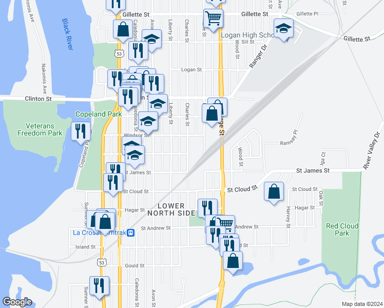 map of restaurants, bars, coffee shops, grocery stores, and more near 925 Kane Street in La Crosse
