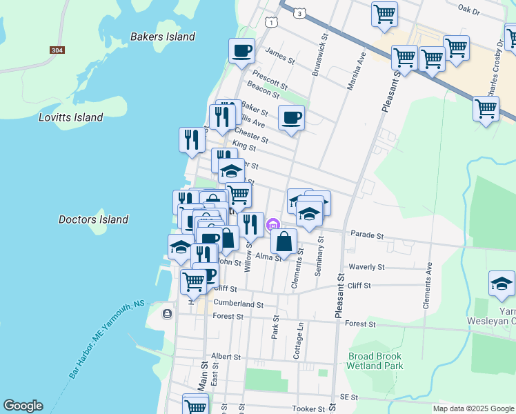 map of restaurants, bars, coffee shops, grocery stores, and more near 20 Parade Street in Yarmouth