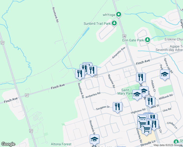 map of restaurants, bars, coffee shops, grocery stores, and more near 596 Amaretto Avenue in Pickering