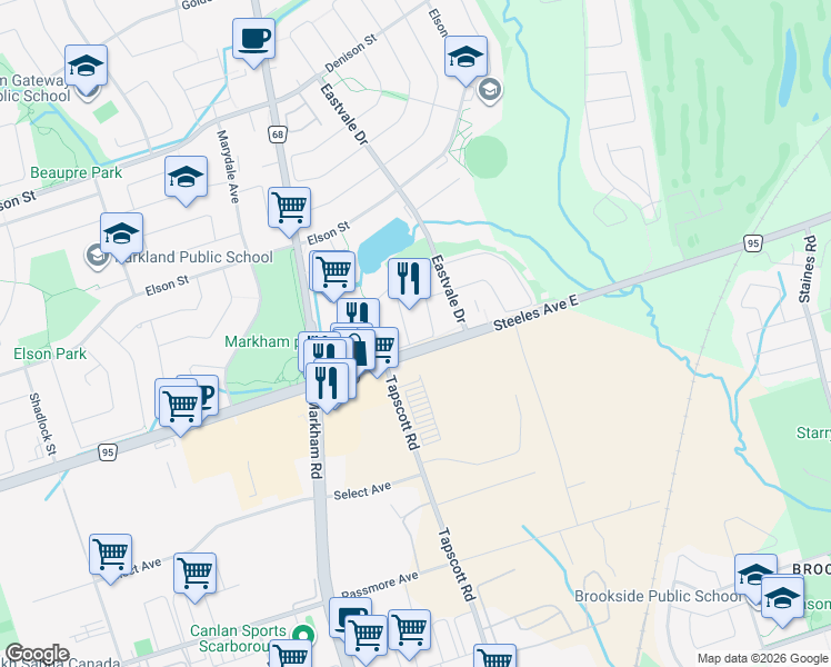 map of restaurants, bars, coffee shops, grocery stores, and more near 6351 Steeles Avenue East in Toronto