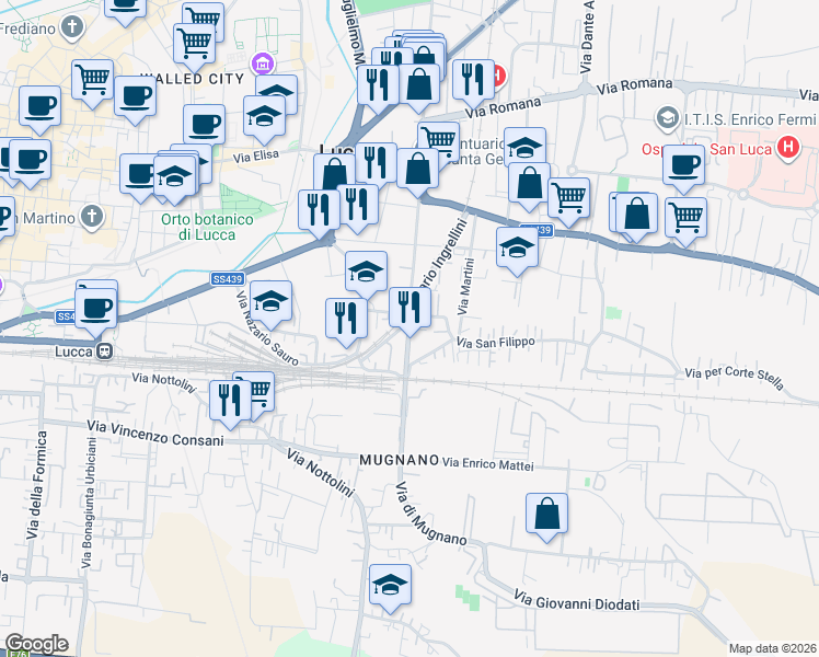 map of restaurants, bars, coffee shops, grocery stores, and more near 481 Via Mario Ingrillini in Lucca
