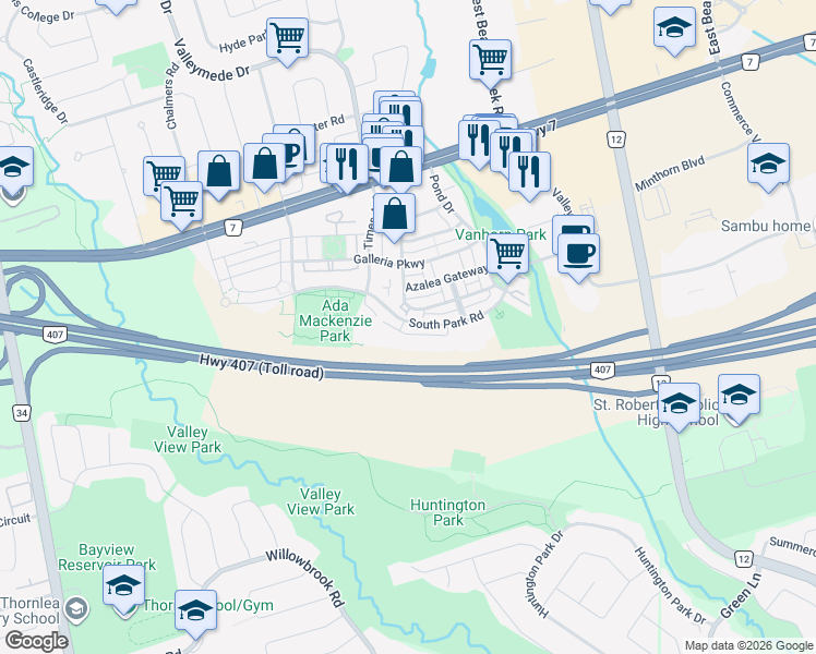 map of restaurants, bars, coffee shops, grocery stores, and more near 281 South Park Road in Markham