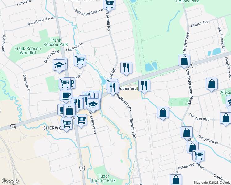 map of restaurants, bars, coffee shops, grocery stores, and more near 694 Westburne Drive in Vaughan