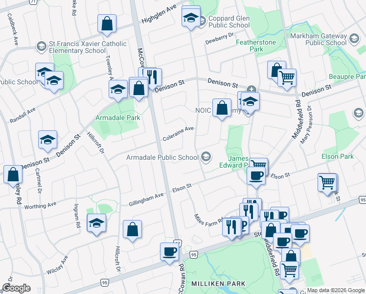 map of restaurants, bars, coffee shops, grocery stores, and more near Goodwood Drive in Markham