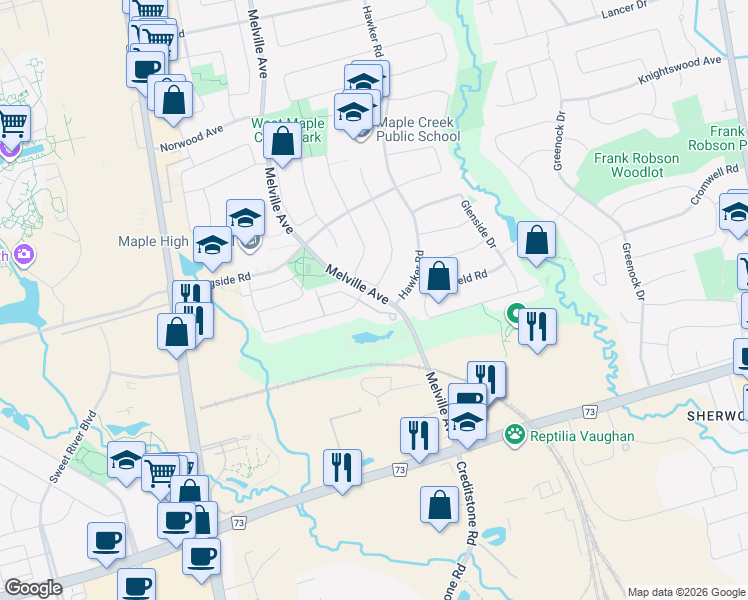 map of restaurants, bars, coffee shops, grocery stores, and more near in Vaughan