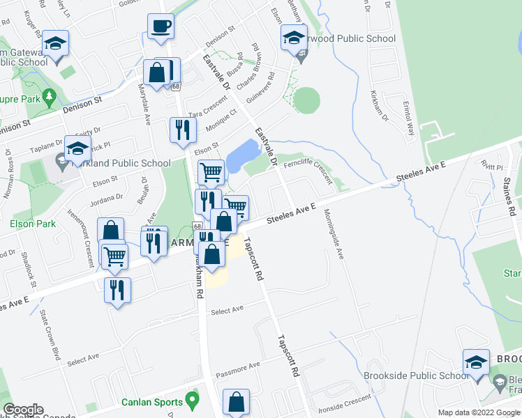 map of restaurants, bars, coffee shops, grocery stores, and more near 9 Holloway Road in Markham