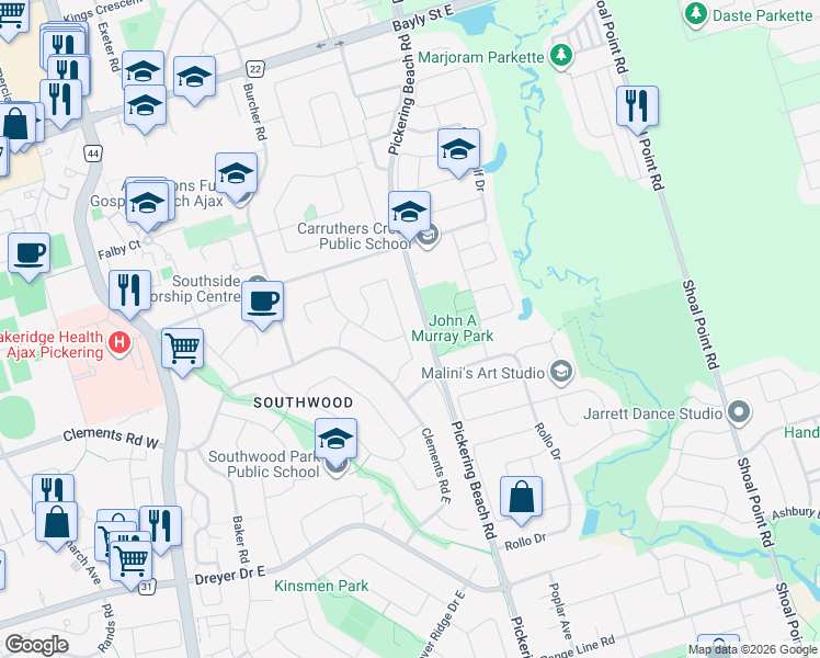 map of restaurants, bars, coffee shops, grocery stores, and more near 55 Taylor Road in Ajax