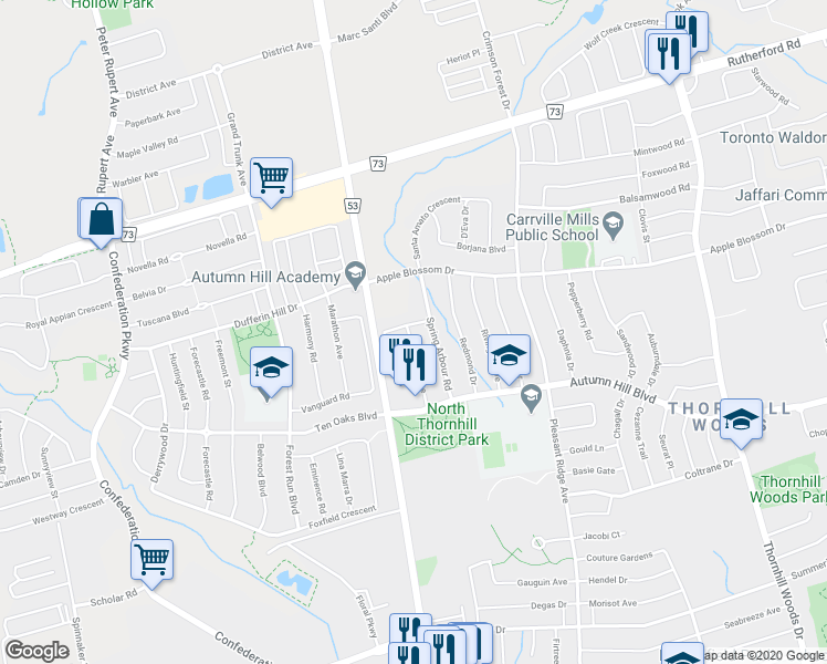 map of restaurants, bars, coffee shops, grocery stores, and more near 100 Westolivia Trail in Vaughan