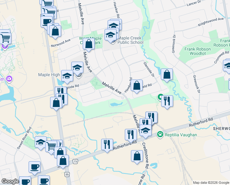 map of restaurants, bars, coffee shops, grocery stores, and more near 8 Larissa Court in Vaughan