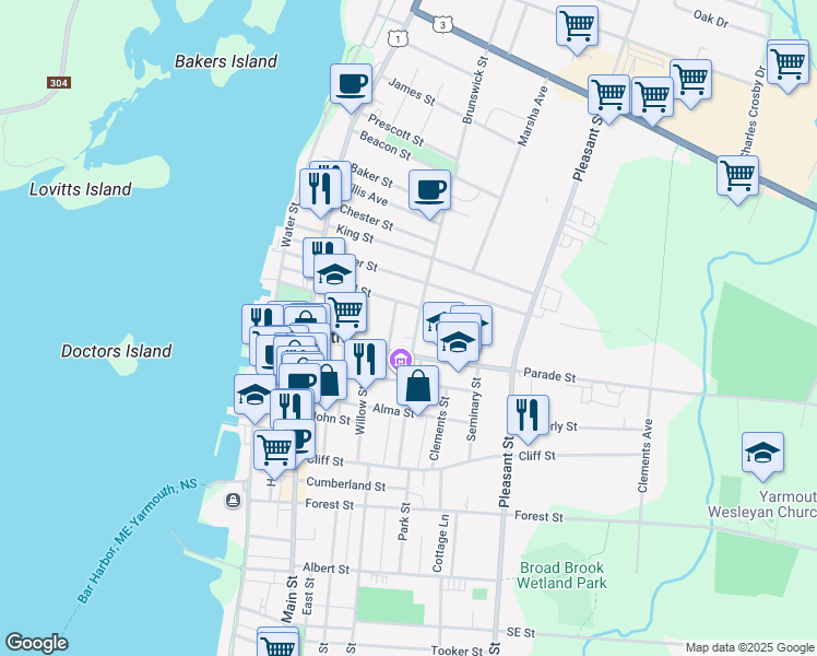 map of restaurants, bars, coffee shops, grocery stores, and more near 10 Brunswick Street in Yarmouth