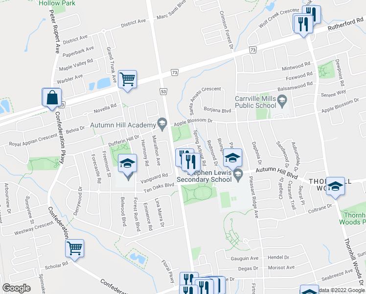 map of restaurants, bars, coffee shops, grocery stores, and more near 84 Westolivia Trail in Vaughan