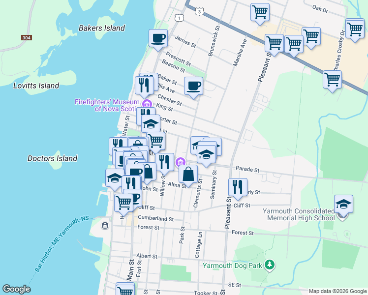 map of restaurants, bars, coffee shops, grocery stores, and more near 10 Brunswick Street in Yarmouth