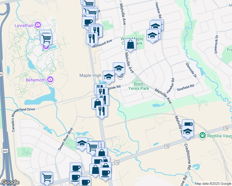 map of restaurants, bars, coffee shops, grocery stores, and more near 181 Parktree Drive in Vaughan