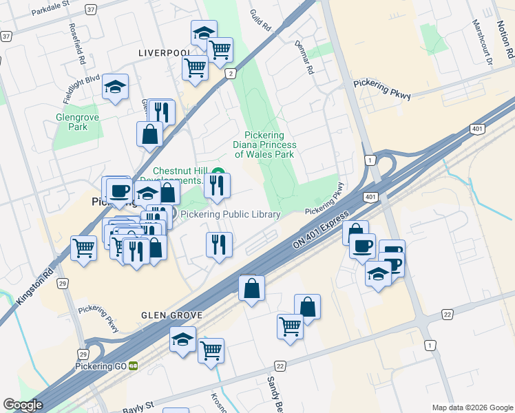 map of restaurants, bars, coffee shops, grocery stores, and more near 1530 Pickering Parkway in Pickering